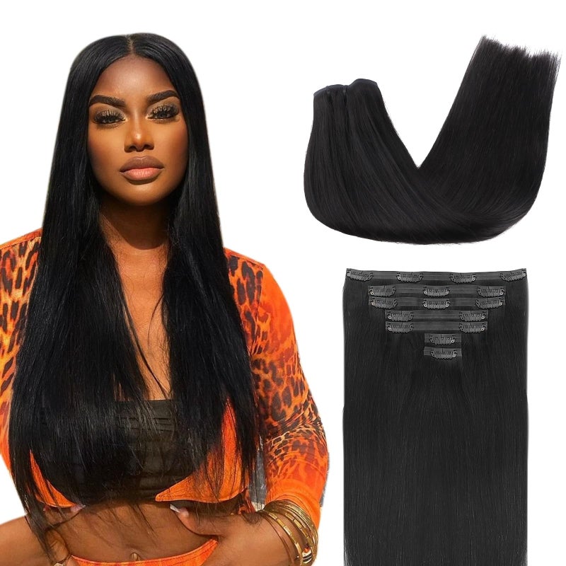 Lashey Hair Extensions Real Human Hair 20 Inch Jet Black 1 Color 120g 7pcs Straight Clip in Hair Extensions Real Human Hair Remy Long Hair Extensions Clip in Thick Hair for Black Women